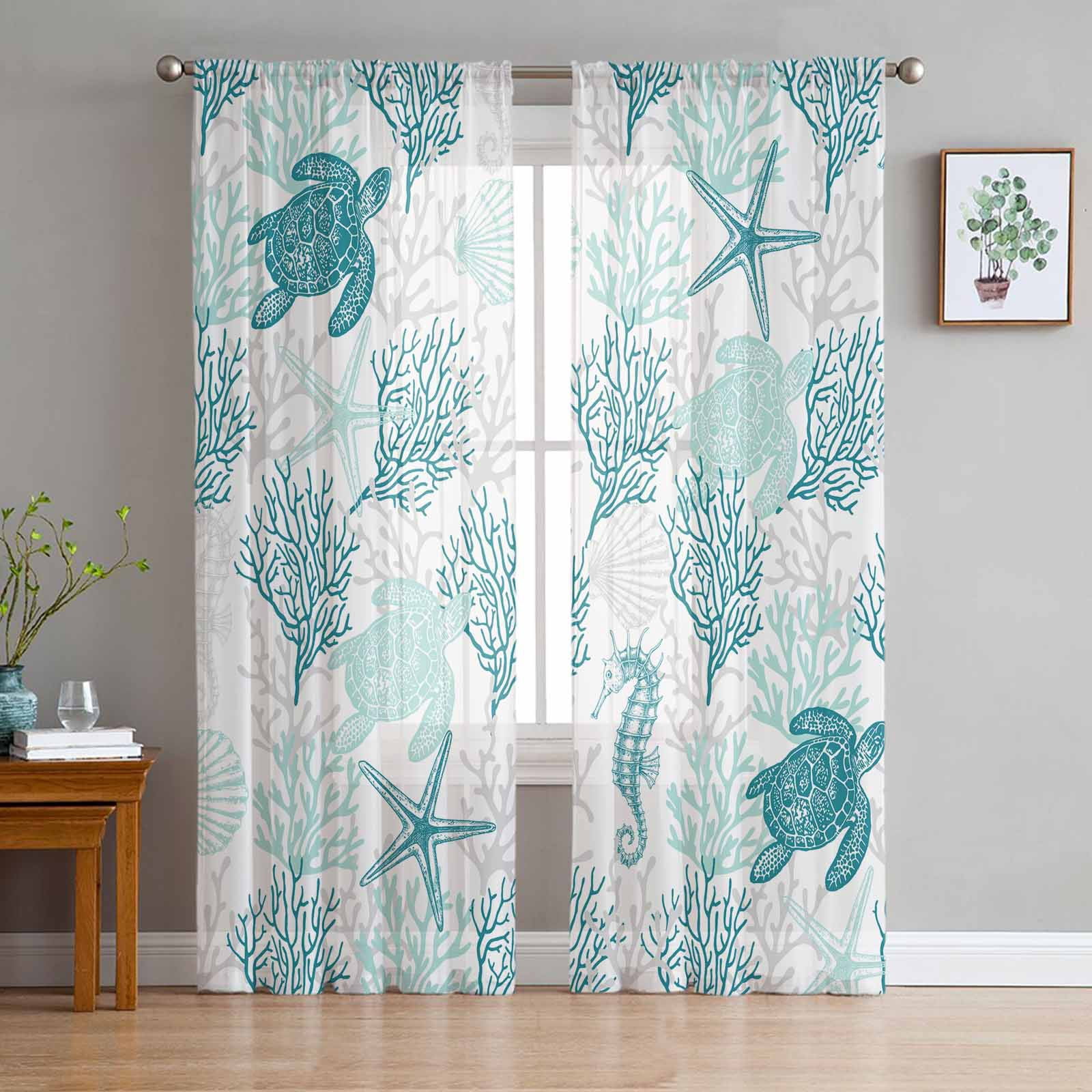 Turquoise Coastal Sheer Curtains 84 Inches Long 2 Panels Set, Window