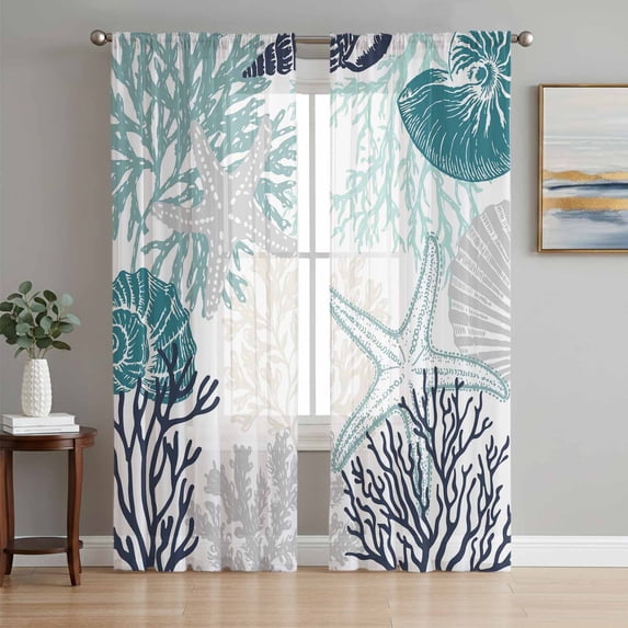 Turquoise Coastal Sheer Curtains 96 Inch Length 2 Panels Set, Grey Navy Blue Coral Starfish Nautical Voile Window Treatment Semi Sheer Long Curtains Drapes for Bedroom/Living Room/Kitchen 52"x96"x2