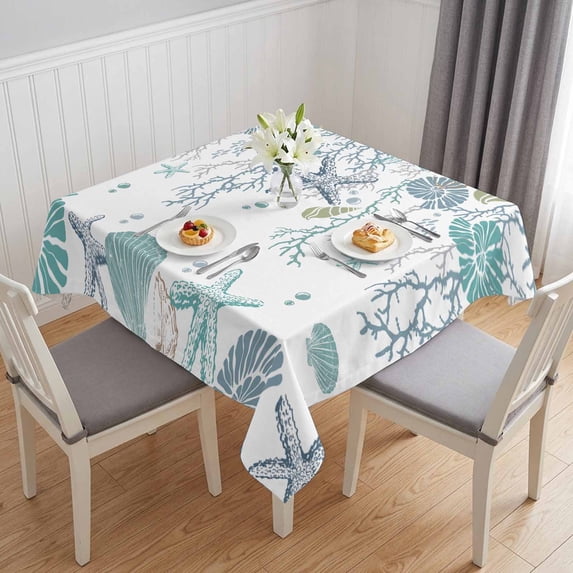 Turquoise Coastal Table Cloth Waterproof Tablecloths, Summer Beach Coral Shell Starfish Ocean Tablecloth Dining Table Cover for Kitchen Party Tabletop Outdoor, Square Tablecloth 60x60 Inch