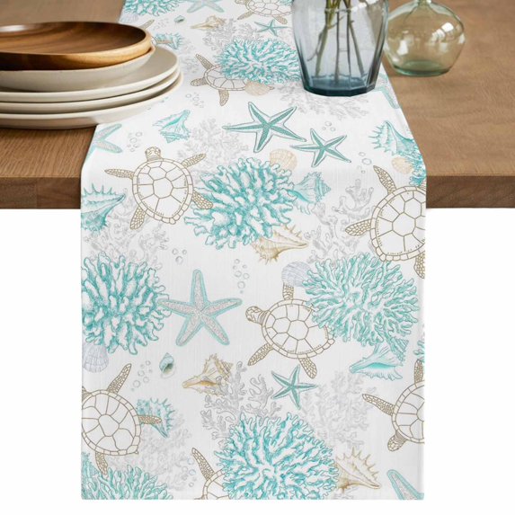 Turquoise Coastal Table Runner 72 Inches, Summer Beach Coral Sea Turtle Starfish Bed Runner Dresser Scarves Tabletop for Indoor Outdoor Parties/Ceremony/Banquet, 14" x 72"