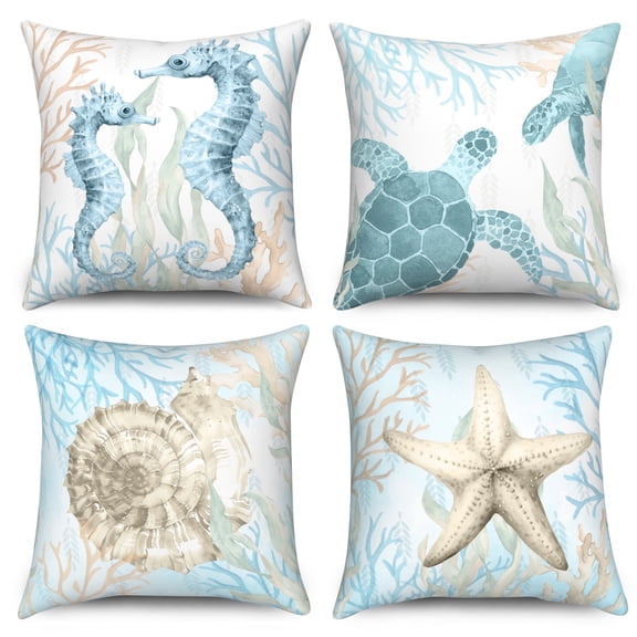 Turquoise Coastal Throw Pillow Covers 18x18 Set of 4,Beach Starfish Turtle Ocean Decorative Pillow Cases for Bedroom Sofa Couch