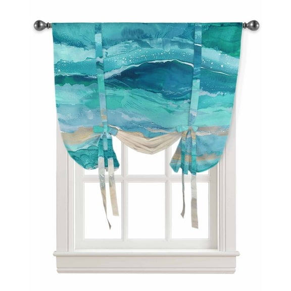Turquoise Coastal Tie Up Curtains for Kitchen Bathroom Bedroom Windows 63 Inch Length, Spring Summer Ocean Beach Nautical Sea Wave Balloon Drape Curtains Shade Rod Pocket Curtain Panel, 52"x45"