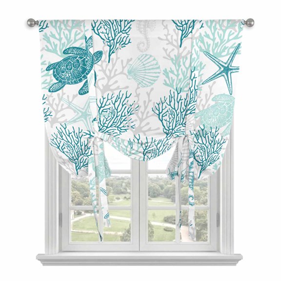 Turquoise Coastal Tie Up Curtains for Kitchen Windows,Adjustable Rod Pocket Valance 45 Inch Short, Sea Turtle Nautical Coral Summer Beach Window Treatment Balloon Roman Blind Shade, 42" x 45"