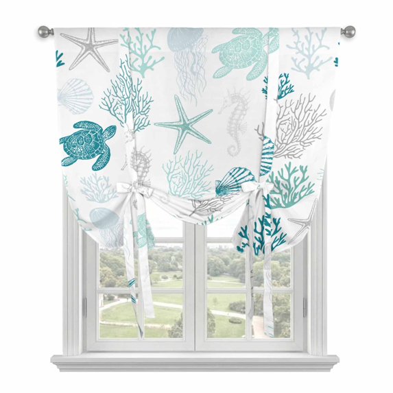 Turquoise Coastal Tie Up Curtains for Kitchen Windows,Adjustable Rod Pocket Valance 54 Inch Long, Nautical Summer Beach Coral Sea Turtle Window Treatment Balloon Roman Blind Shade, 42" x 54"