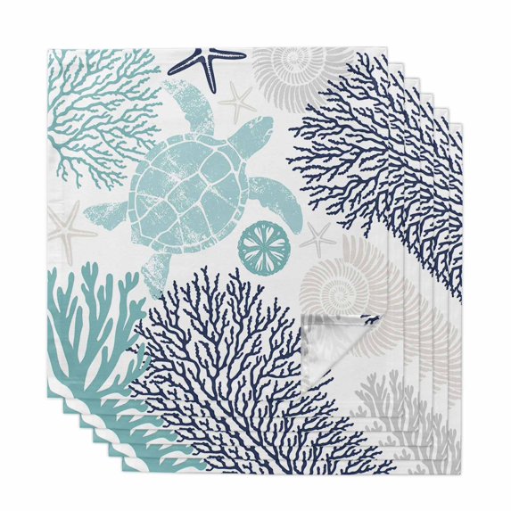 Turquoise Coastal Turtle Cloth Napkins, Ocean Coral Nautical Washable and Reusable Dinner Napkins Set of 6, Table Napkin for Kitchen Party Birthday Wedding Hotel Housewarming 20"x20"