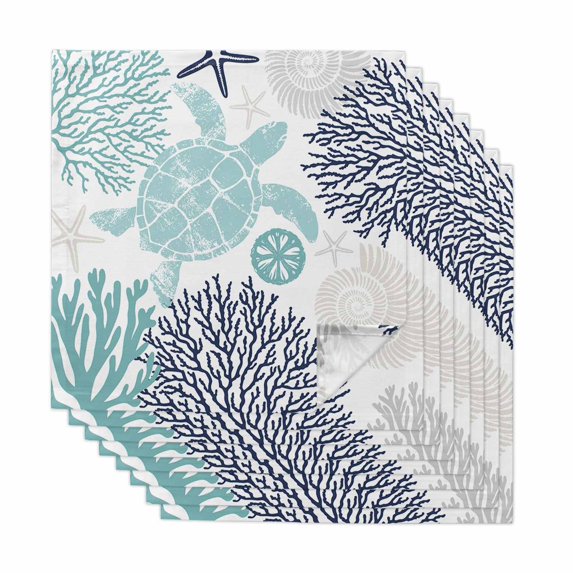 Turquoise Coastal Turtle Cloth Napkins, Ocean Coral Nautical Washable and Reusable Dinner Napkins Set of 8, Table Napkin for Kitchen Party Birthday Wedding Hotel Housewarming 20"x20"