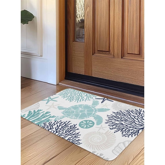 Turquoise Coastal Turtle Door Mat Indoor Outdoor Entrance, Non Slip Small Rug for Kitchen Bathroom Entryway Rug, Ocean Coral Nautical Washable Doormat Floor Mat for Office Home Decor 18x30 Inch