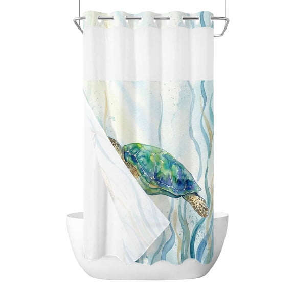 Turquoise Coastal Turtle No Hook Shower Curtain with Snap in Liner, Waterproof Fabric Shower Curtains, Watercolor Nautical Seaweed Shower Curtain Set Top See Through for Bathroom 36"x78"