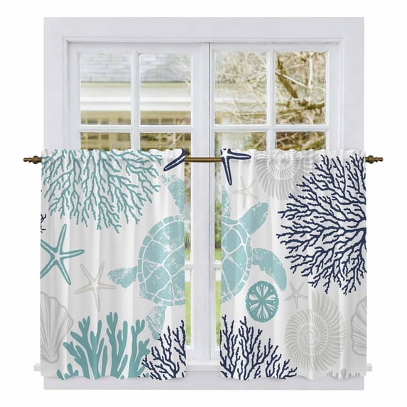 Turquoise Coastal Turtle Kitchen Curtains, Ocean Coral Nautical Light Filtering Window Curtain Panels, 2Pcs Rod Pocket Window Treatments Set for RV Dining Room Study Room 42x45 Inches