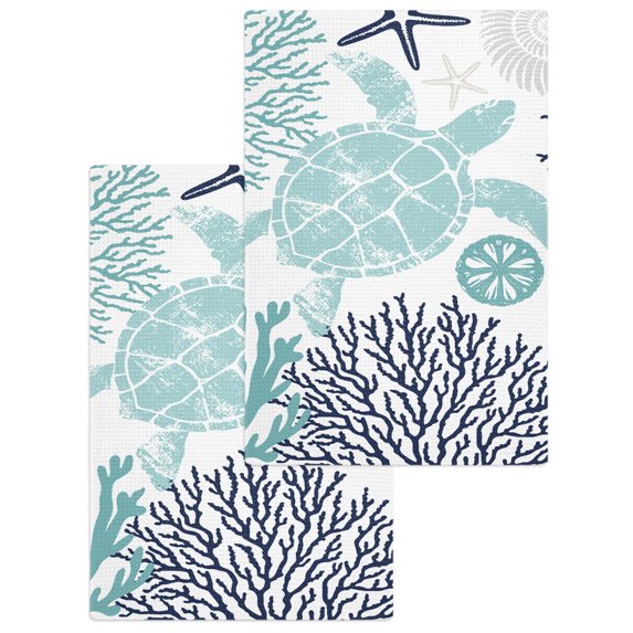 Turquoise Coastal Turtle Kitchen Dish Towels for Drying Dishes Set of 2, Ocean Coral Nautical Waffle Weave Microfiber Hand Tea Bathroom Towels Quick Dry & Absorbent Towel 15.7x23.6