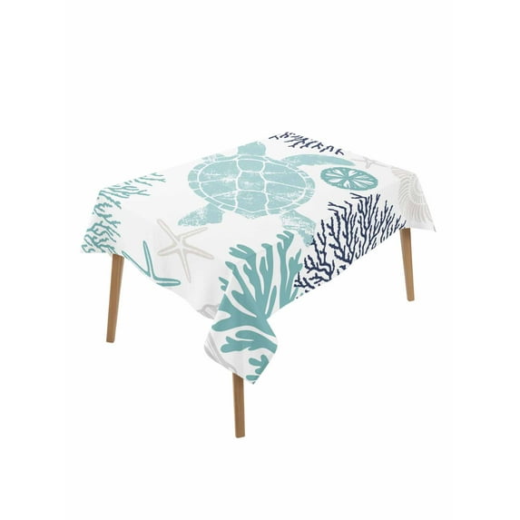Turquoise Coastal Turtle Table Cloth, Ocean Coral Nautical Waterproof Tablecloth for Rectangle Tables, Reusable Washable Fabric Table Cover for Restaurant Kitchen Dining Tables 60"x84"