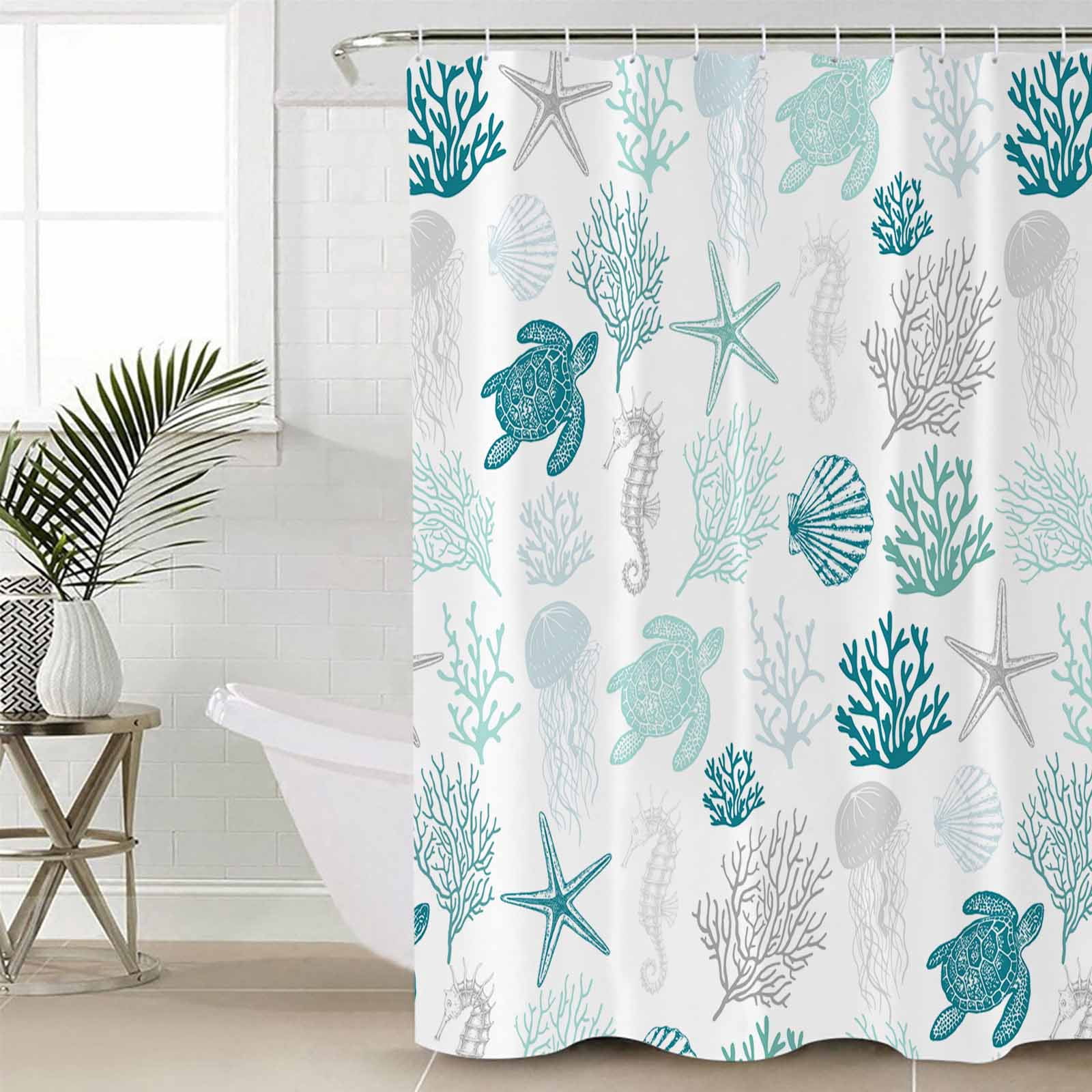 Turquoise Coastal Waterproof Fabric Shower Curtain, Nautical Summer Beach Coral Sea Turtle Shower Curtain for Bathroom Curtains Bathtubs Hotel Washable Shower Curtains with 12 Hooks Stall 48x72in