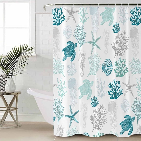 Turquoise Coastal Waterproof Fabric Shower Curtain, Nautical Summer Beach Coral Sea Turtle Shower Curtain for Bathroom Curtains Bathtubs Hotel Washable Shower Curtains with 12 Hooks Standard 60x72