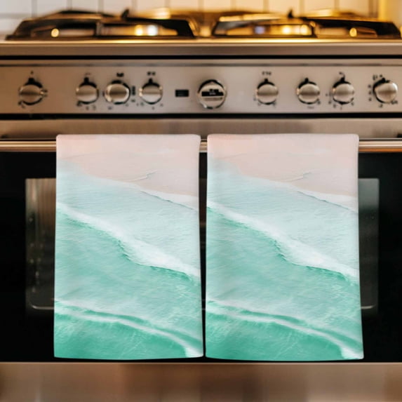 Turquoise Coastal Wave Kitchen Towels Set of 2, Summer Modern Ocean Beach Absorbent Dish Towels for Kitchen, Microfiber Hand Towel, Quick Drying Tea Towel for Cleaning Decorative Dishcloths