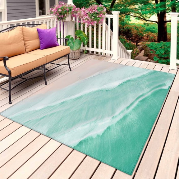 Turquoise Coastal Wave Outdoor Rug for Patio/Deck/Porch, Non-Slip Large Area Rug 3 x 5 Ft, Summer Modern Ocean Beach Indoor Outdoor Rugs Washable Area Rugs, Reversible Camping Rug Carpet Runner