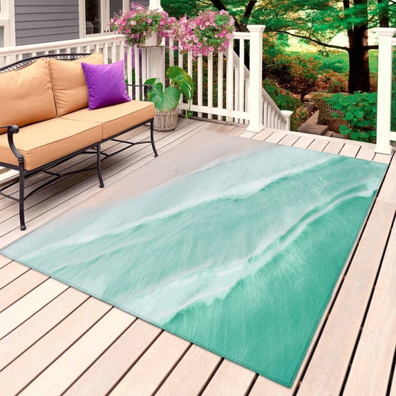 Turquoise Coastal Wave Outdoor Rug for Patio/Deck/Porch, Non-Slip Large Area Rug 5 x 7 Ft, Summer Modern Ocean Beach Indoor Outdoor Rugs Washable Area Rugs, Reversible Camping Rug Carpet Runner