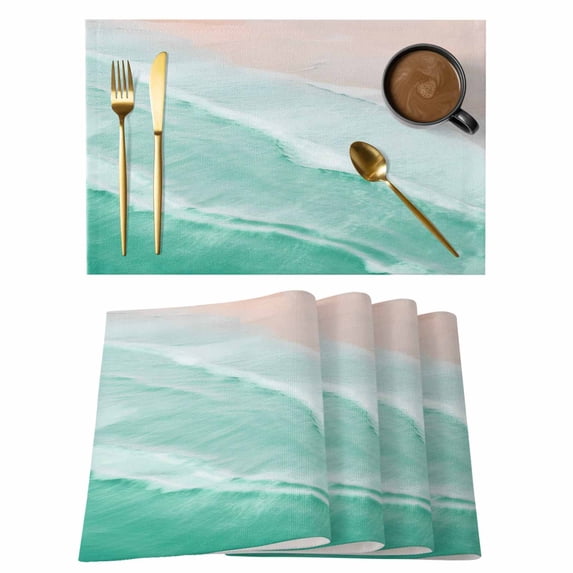 Turquoise Coastal Wave Placemats Set of 8, Summer Modern Ocean Beach Placemats for Dining Table, Place Mats for Kitchen Tabletop, Waterproof Wipeable Dining Table Mats Set