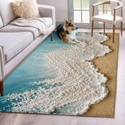 Turquoise Coastal Waves Area Rug 4'x6', Abstract Summer Ocean Sand Modern Washable Non-Slip Rugs, Low Pile Large Carpet for Living Room Bedroom Dining Room Kitchen Office Indoor Mat