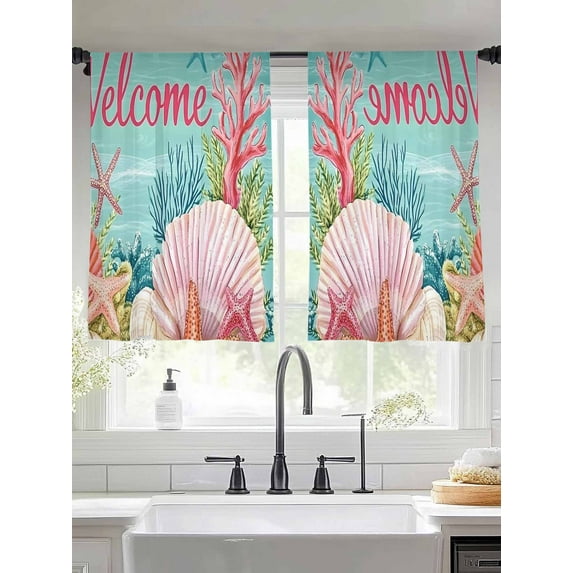 Turquoise Coastal Welcome Sheer Curtains for Living Room Bedroom Ocean Shell Red Coral Sheer Curtains 54 Inch Long 2 Panels Set Light Filtering Curtain Window Treatments Drapes for Dining Room