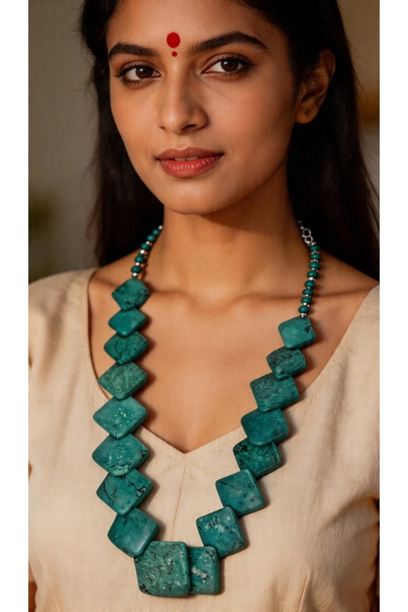 Turquoise Colored Rhomboid Beaded Necklace