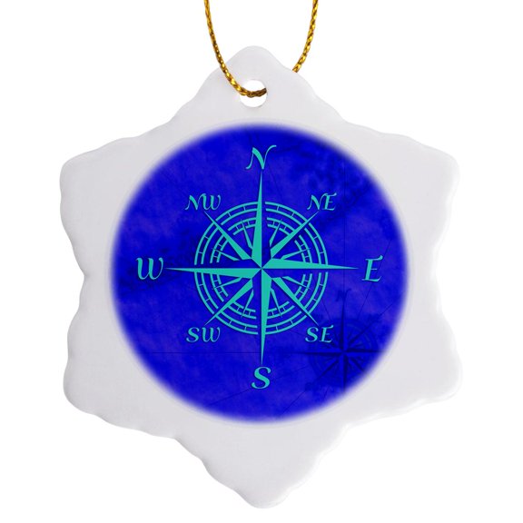 3drose, Turquoise Compass Rose on Blue Nautical Map of the Florida Keys., 3 inch Snowflake Porcelain Ornament