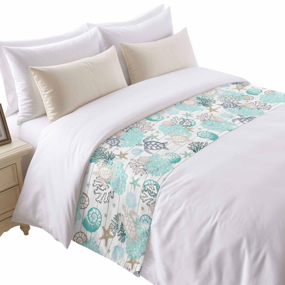 Turquoise Coral Conch Bed Runner for Queen Size Bed, Starfish Turtle Shell Wood Grain Soft Bedding Scarf Bedding Protector Slipcover Sofa Throw for Bedroom Hotel Guesthouse
