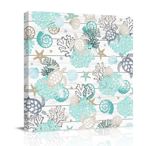 Turquoise Coral Conch Canvas Wall Art for Living Room, Starfish Turtle Shell Wood Grain Poster Print Painting for Bedroom Office Home Decoration Wall Pictures Prepare To Hang 10"x10"