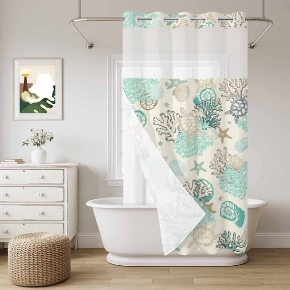 Turquoise Coral Conch No Hook Shower Curtain with Snap in Liner, Starfish Turtle Shell Linen Waterproof Shower Curtains with See Through Top Window Liner for Bathroom, 36x78 Inches