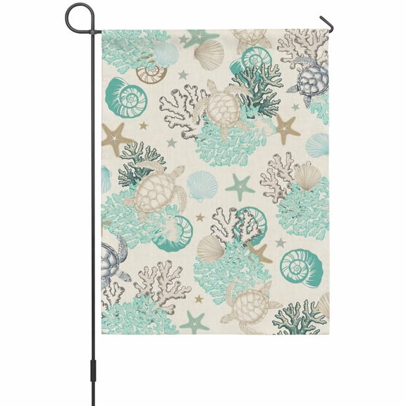 Turquoise Coral Conch House Flags For Outdoor, Starfish Turtle Shell Linen Small Double Side Yard Flags Weather Proof House Decor for Lawn Outside Holiday 28 x 40 Inches