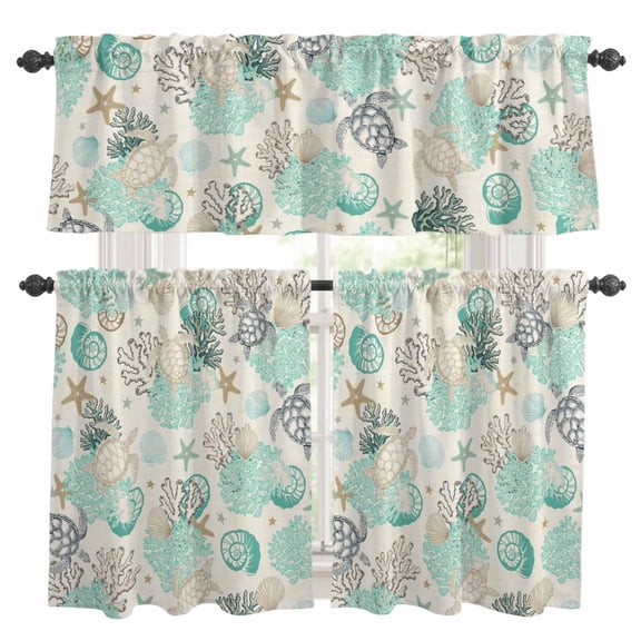 Turquoise Coral Conch Kitchen Curtains Valances and Tiers Set of 3 Starfish Turtle Shell Linen Tier Curtains and Valance with Rod Pocket for Small Windows, 27.5"x24"