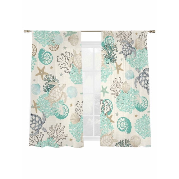 Turquoise Coral Conch Sheer Curtains 2 Panels Set Starfish Turtle Shell Linen Sheer Window Curtains Light Filtering Rod Pocket Voile Drapes for Bedroom Living Room 52"X72"