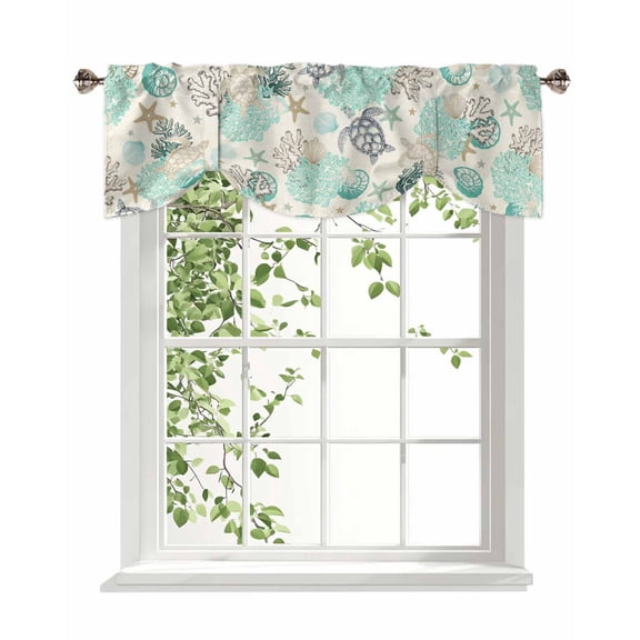 Turquoise Coral Conch Tie Up Valances Curtain, Adjustable Kitchen Starfish Turtle Shell Linen Valances for Windows Decor, Rod Pocket Short Curtains Set for Bedroom/Bathroom, 60"x18"
