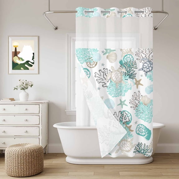 Turquoise Coral No Hook Shower Curtain with Snap in Liner, Starfish Turtle Shell Conch Waterproof Shower Curtains with See Through Top Window Liner for Bathroom, 36x78 Inches