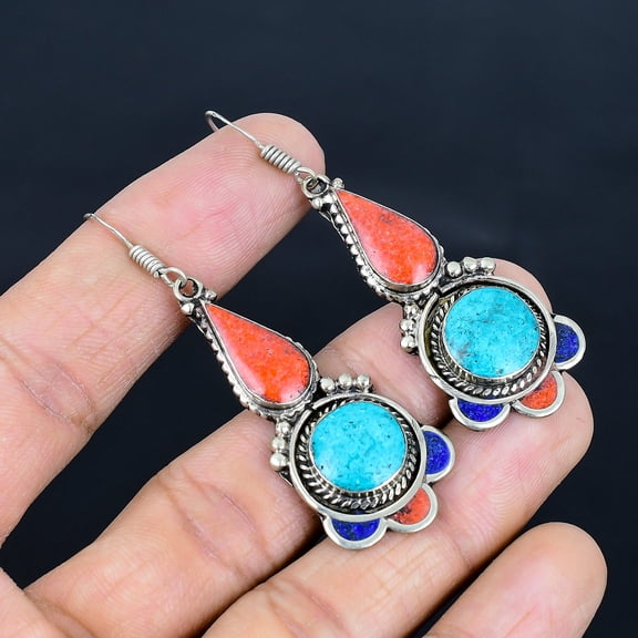 Turquoise Coral Lapis Lazuli Boho 925 Sterling Silver Nepali Earring 2.6" VJ 452