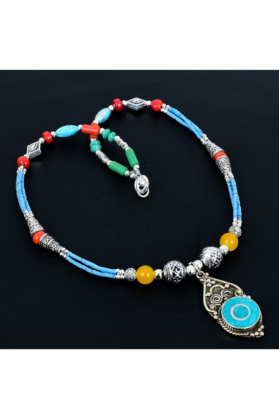 Turquoise Coral Onyx Bohemian 925 Sterling Silver Nepali Beaded Necklace 18"