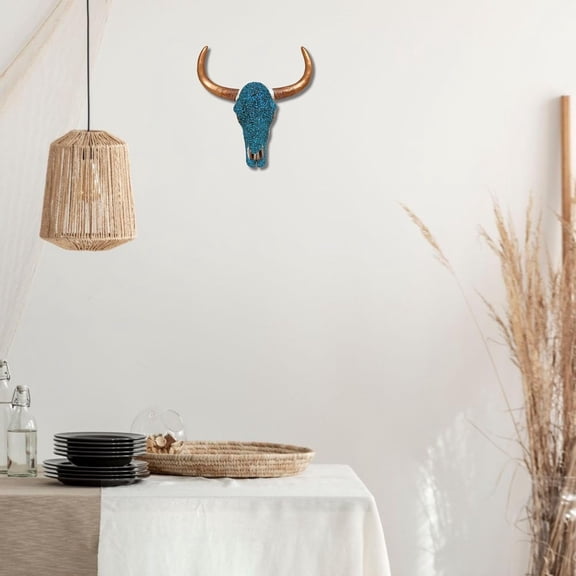 Turquoise Cow Bison Skull Head with Gold-Tone Painted Horn Wall Hanging - Rustic Bull Skull Wall Art for Rustic  Decor with Western -Themed