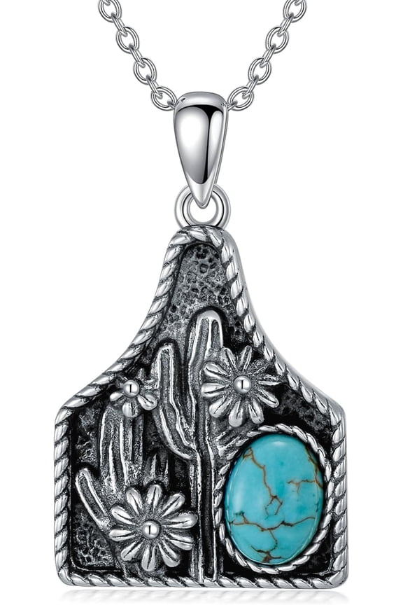 Turquoise Cow Tag Necklace 925 Sterling Silver Real Oval Turquoise Cattle Tag Pendant Cactus Western Jewelry for Women Cowgirl