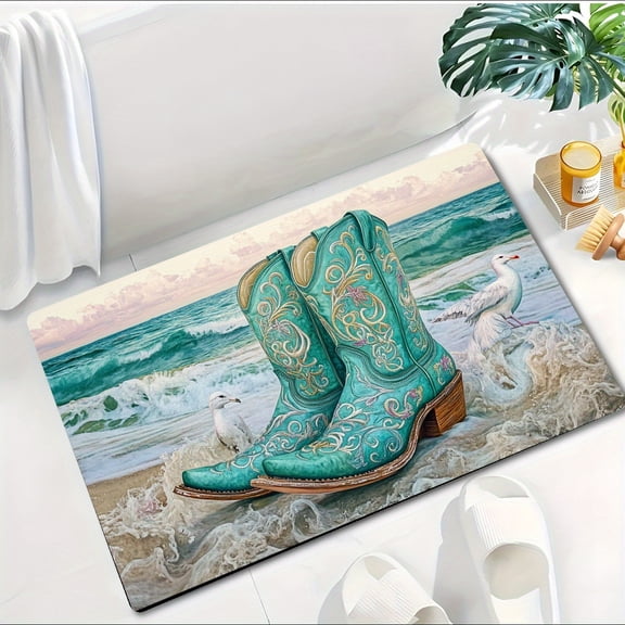 Turquoise Cowboy Boots And Beach Print Diatomaceous Earth Bath Mat, Non-Slip Coastal Rug, Quick-Drying Western Seagull Design Doormat For Bathroom Entryway