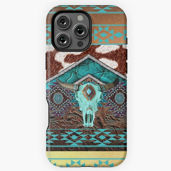 Turquoise Cowhide Tooled Leather With Cow Skeleton Southwestern Style Phone Case for iPhone 16 15 14 13 12 11 Pro Max M5905442