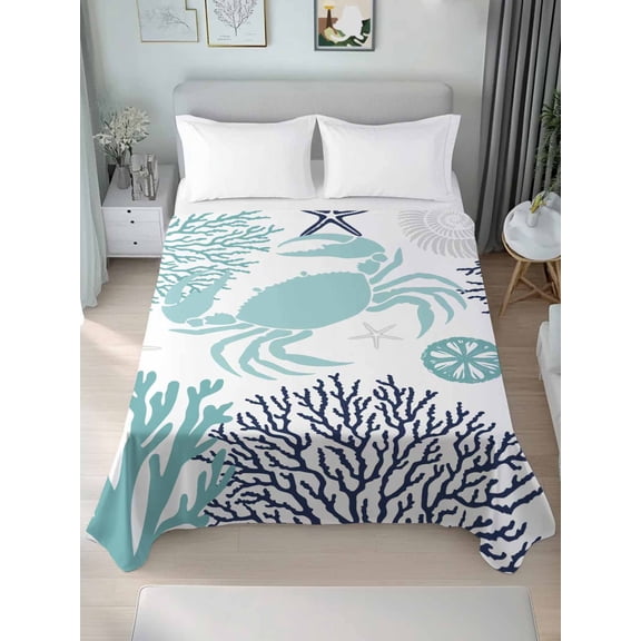Turquoise Crab Coastal King Size Flat Sheet, Wrinkleproof & Fadeproof Cooling Flat Bed Sheet Only, Summer Coral Nautical Breathable Soft Bedding Top Sheets 105 x 98 Inches