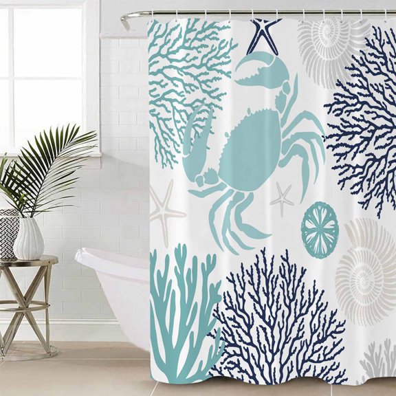 Turquoise Crab Coastal Standard Shower Curtain Set, Waterproof Shower Curtains for Bathroom, Summer Coral Nautical Washable Fabric Cloth Bath Curtain for Bathtub Decoration with Hooks 72x72 Inches