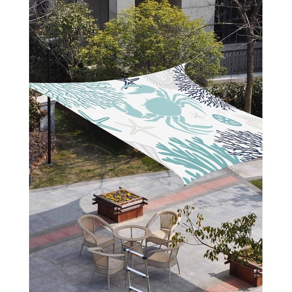 Turquoise Crab Coastal Sun Shade Sail 8'x10' Rectangle Outdoor Shade Canopy, Summer Coral Nautical Porch Shades Outdoor Sun Blocking Screen, Sunshade Cloth Covers for Patio/Deck/Garden