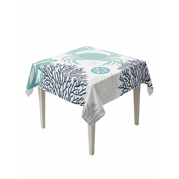 Turquoise Crab Coastal Table Cloth, Summer Coral Nautical Waterproof Tablecloth for Square Tables, Reusable Washable Fabric Table Cover for Restaurant Kitchen Dining Tables 54"x54"