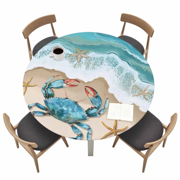Turquoise Crab Round Fitted Tablecloth with Elastic Edge Ocean Spray Table Cover Fit for 55"-60" Tables Waterproof Tablecloths for Dinner Camping Picnic