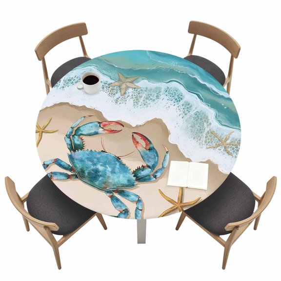 Turquoise Crab Round Fitted Tablecloth Ocean Spray Waterproof Elastic Stretch Table Cover for 36"-44" Round Table, Oil Proof Tablecloth for Picnic Party Dinner