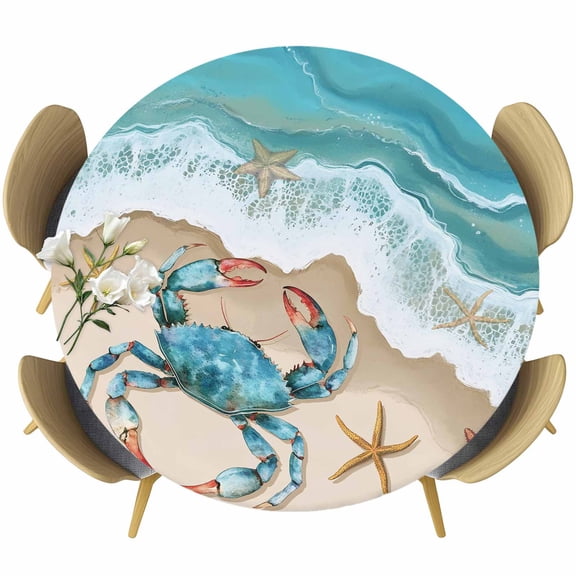 Turquoise Crab Round Fitted Tablecloth with Elastic Edge, Ocean Spray Stretch Table Covers for 36"-44" Tables Wipeable Table Cloth for Outdoor