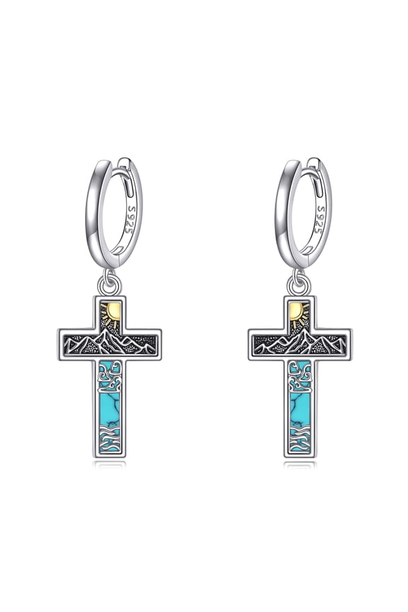 Turquoise Cross Earrings for Men S925 Sterling Silver Mountain Hoop Earrings for Men Women Western Turquoise Jewelry Gifts