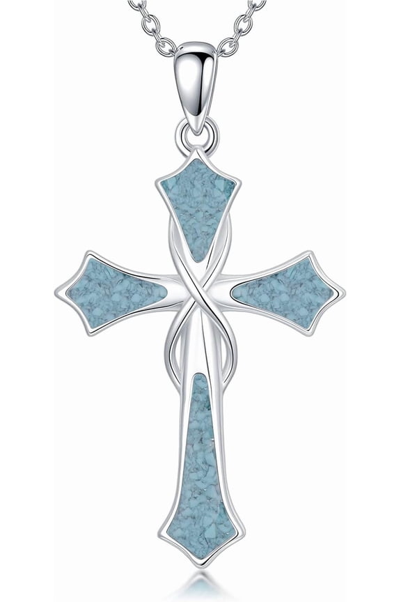 Turquoise Cross Necklace for Women, 925 Sterling Silver Infinity Cross Pendant Necklace, Religious Faith Amulet Necklaces, Western Christian Protection Jewelry Gift for Women Men