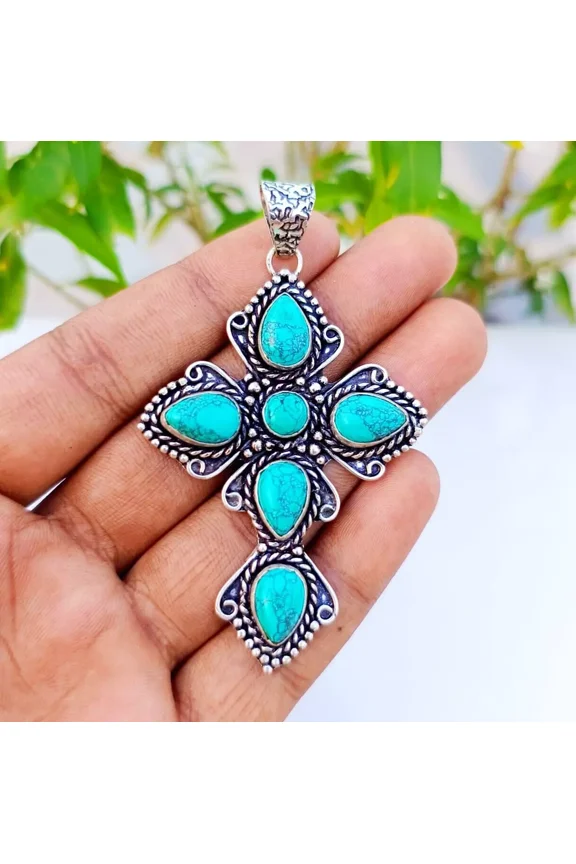 Turquoise Cross Pendant 925 Sterling Silver Polished Handmade Gemstone Jewelry 2.55"