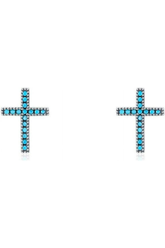 Turquoise Cross Tiny Stud Earrings 925 Sterling Silver Blue Stone CZ Cartilage Tragus Earring Sleeper Statement Stud Faith Ear Piercing Jewelry Gifts for Women